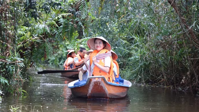 Los turistas disfrutan de la experiencia de navegar en canoa para explorar la Reserva Ecológica Dong Thap Muoi en la comuna de Tan Phuoc 2, provincia de Dong Thap. (Fuente: VNA)