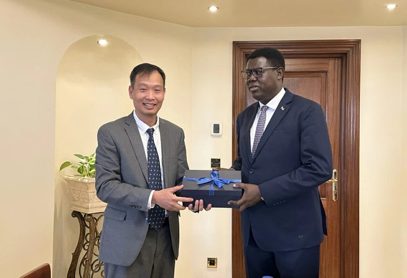 El embajador de Vietnam en Egipto, Nguyen Nam Duong, entrega un regalo al ministro sursudanés de Asuntos Exteriores y Cooperación Internacional, Monday Semaya Kumba. (Foto: baoquocte.vn)