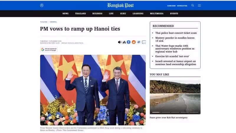 El Bangkok Post informa sobre las actividades cumplidas por el primer ministro tailandés durante su reciente visita oficial a Vietnam. (Foto: Captura de pantalla)