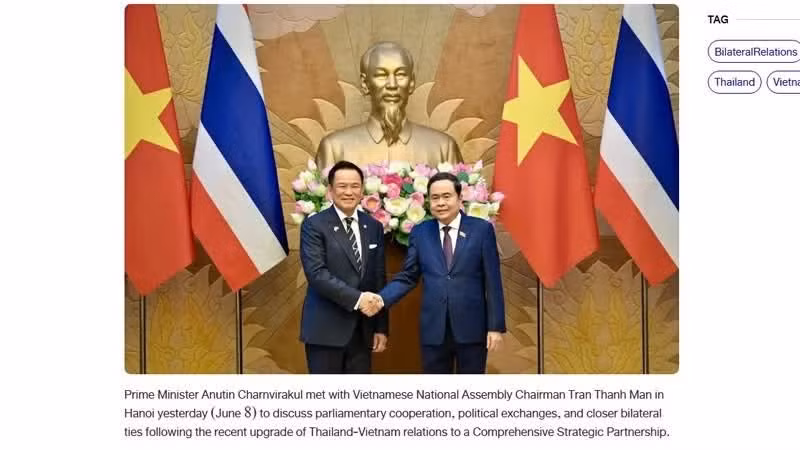 Una noticia sobre la reunión entre el presidente de la Asamblea Nacional de Vietnam, Tran Thanh Man, y el primer ministro de Tailandia, Anutin Charnvirakul. (Foto: Captura de pantalla)