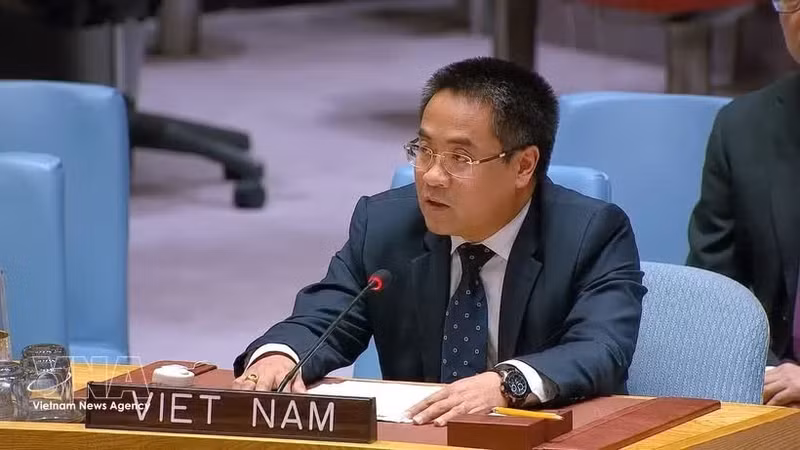 El ministro consejero Nguyen Hai Luu, subjefe de la misión permanente de Vietnam ante la ONU, pronuncia un discurso en la sesión de debate (Foto: VNA)