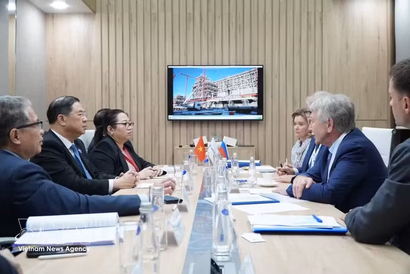El viceprimer ministro permanente vietnamita, Pham Gia Tuc, se reúne con directivos de la empresa Novatek. (Foto: VNA)