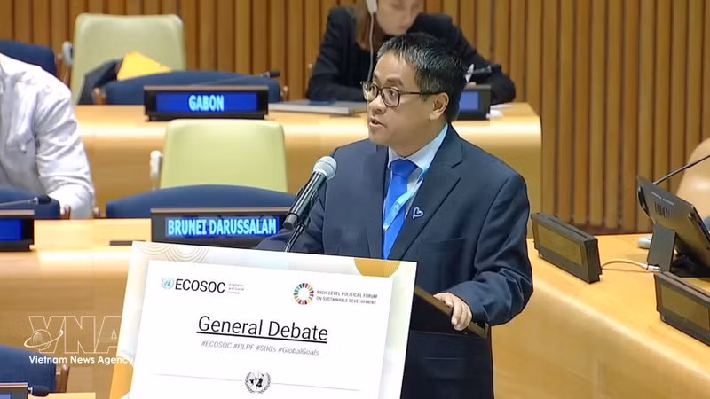 El ministro consejero Nguyen Hai Luu, representante permanente adjunto de Vietnam ante la ONU, interviene en la sesión. (Foto: VNA)