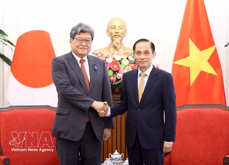 El miembro del Buró Político del PCV y ministro de Relaciones Exteriores de Vietnam, Le Hoai Trung (derecha), y el secretario general interino del PLD, Hagiuda Koichi. (Foto: VNA)