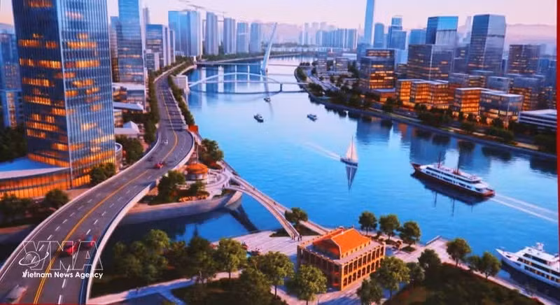 Vista en perspectiva del proyecto del Parque Cultural de Muelle Nha Rong - Khanh Hoi y el Proyecto de Plantas Públicas de Muelle de Bach Dang, que conforman un eje espacial cultural e histórico a lo largo del río Saigón. (Foto: VNA)