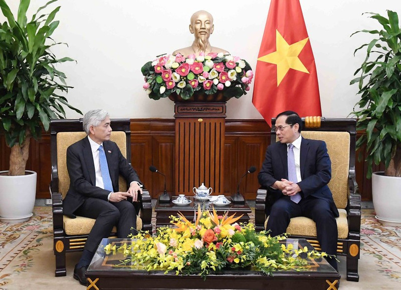 El viceprimer ministro y canciller de Vietnam, Bui Thanh Son, recibe a Albert Chua, secretario permanente del Ministerio de Relaciones Exteriores de Singapur (Foto. VNA)