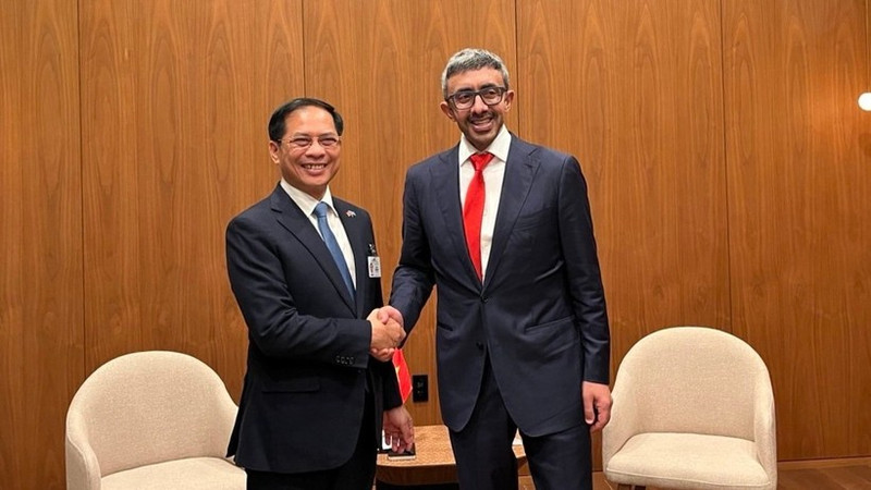 El viceprimer ministro vietnamita Bui Thanh Son se reúne con el vicepremier y ministro de Relaciones Exteriores de Emiratos Árabes Unidos (EAU), Sheikh Abdullah bin Zayed Al Nahyan. (Foto: VNA)