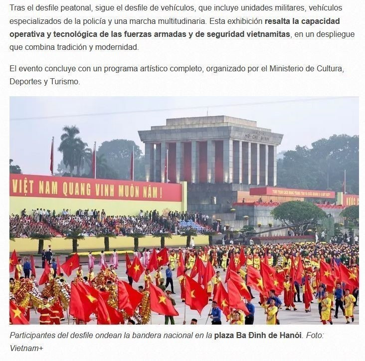 Captura de pantalla del artículo sobre la celebración del 80 aniversario de la Revolución de Agosto y el Día Nacional del 2 de septiembre del pueblo vietnamita. (Foto: VNA)