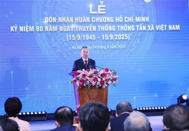 El secretario general del Partido Comunista de Vietnam (PCV), To Lam, habla en el acto (Foto: VNA)