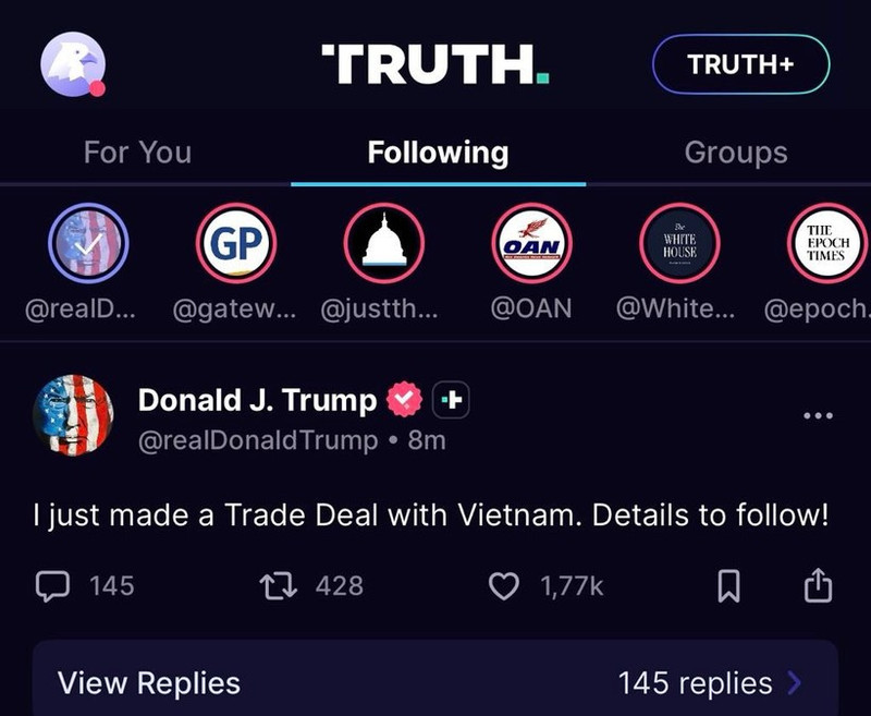 Presidente Donald Trump anuncia un acuerdo comercial con Vietnam