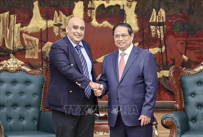 El primer ministro de Vietnam, Pham Minh Chinh, recibe a Ali Ijaz Ahmad, presidente y director general del grupo singapurense Makara Capital Partners. (Foto: VNA)