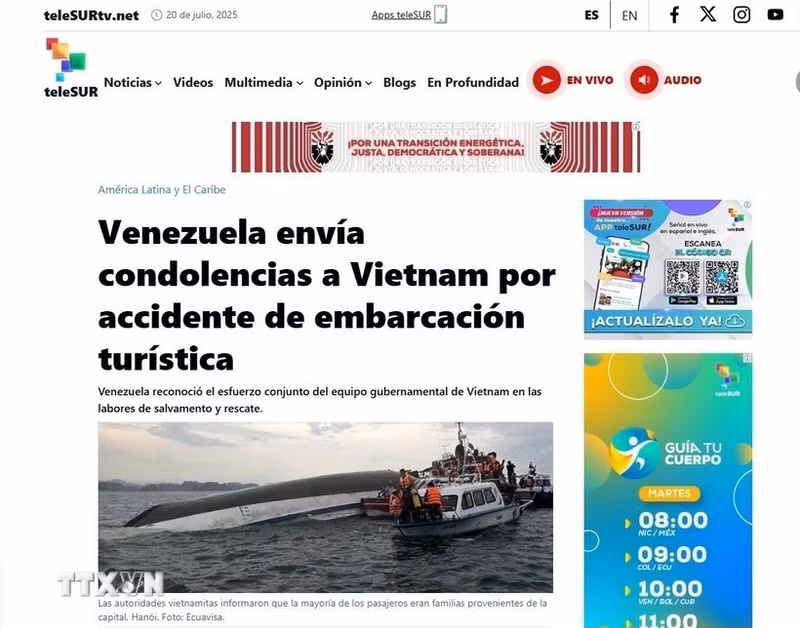 El portal electrónico de teleSUR, uno de los canales de televisión más importantes de Venezuela y América Latina, publicó una nota en la que expresa sus condolencias al pueblo vietnamita (Foto: VNA).
