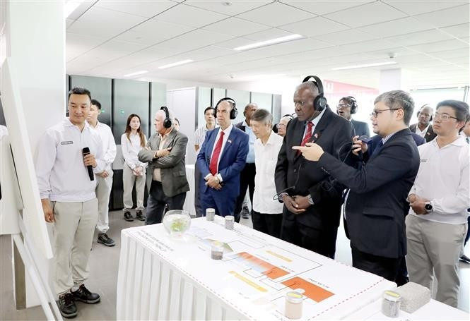 El presidente de la Asamblea Nacional del Poder Popular de Cuba, Esteban Lazo Hernández, visita Nestlé Bong Sen y la zona industrial Thang Long II (Foto: VNA)