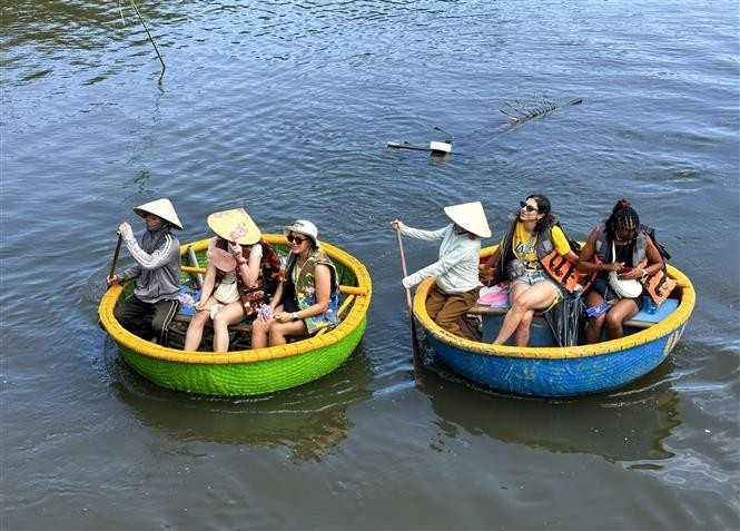 Los turistas disfrutan de paseos en bote cesta en el bosque de cocoteros (Foto: VNA)