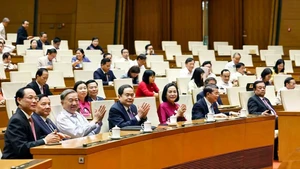 El secretario general del Partido Comunista de Vietnam, To Lam (tercero, izquierda, primera fila); el presidente de la Asamblea Nacional, Tran Thanh Man (cuarto, izquierda, primera fila) y diputados de la AN asisten a la ceremonia. (Foto: VNA)