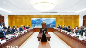 La sesión de trabajo en Vientián entre los comités de Paz de Vietnam y Laos. (Foto: VNA)