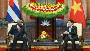 El presidente de Vietnam, Luong Cuong, conversa con el titular de la Asamblea Nacional del Poder Popular de Cuba, Esteban Lazo Hernández. (Foto: Nhan Dan)