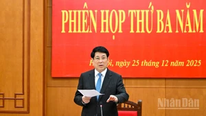 El presidente Luong Cuong habla en la reunión. (Foto: Nhan Dan)