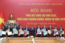 El miembro del Buró Político del PCV, secretario del Comité del Partido del Gobierno y primer ministro Pham Minh Chinh entrega certificados de mérito a colectivos del Comité del Partido del Gobierno.