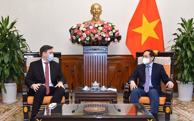 El ministro de Relaciones Exteriores de Vietnam, Bui Thanh Son (D), y el embajador polaco acreditado en Hanói, Wojciech Gerwel (Fuente: VNA)
