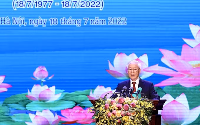El secretario general del PCV, Nguyen Phu Trong, pronuncia un discurso en el acto. (Foto: Lam Khanh/VNA)