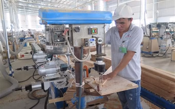 Producción de muebles de madera para exportaciones al mercado estadounidense en la empresa de Trieu Phu Loc, en la provincia sureña de Binh Duong. (Fotografía: VNA) 