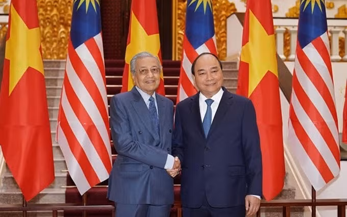 El primer ministro de Vietnam, Nguyen Xuan Phuc (derecha), y su homólogo de Malasia, Mahathir Mohamad, en agosto de 2019. (Fotografía: VGP)