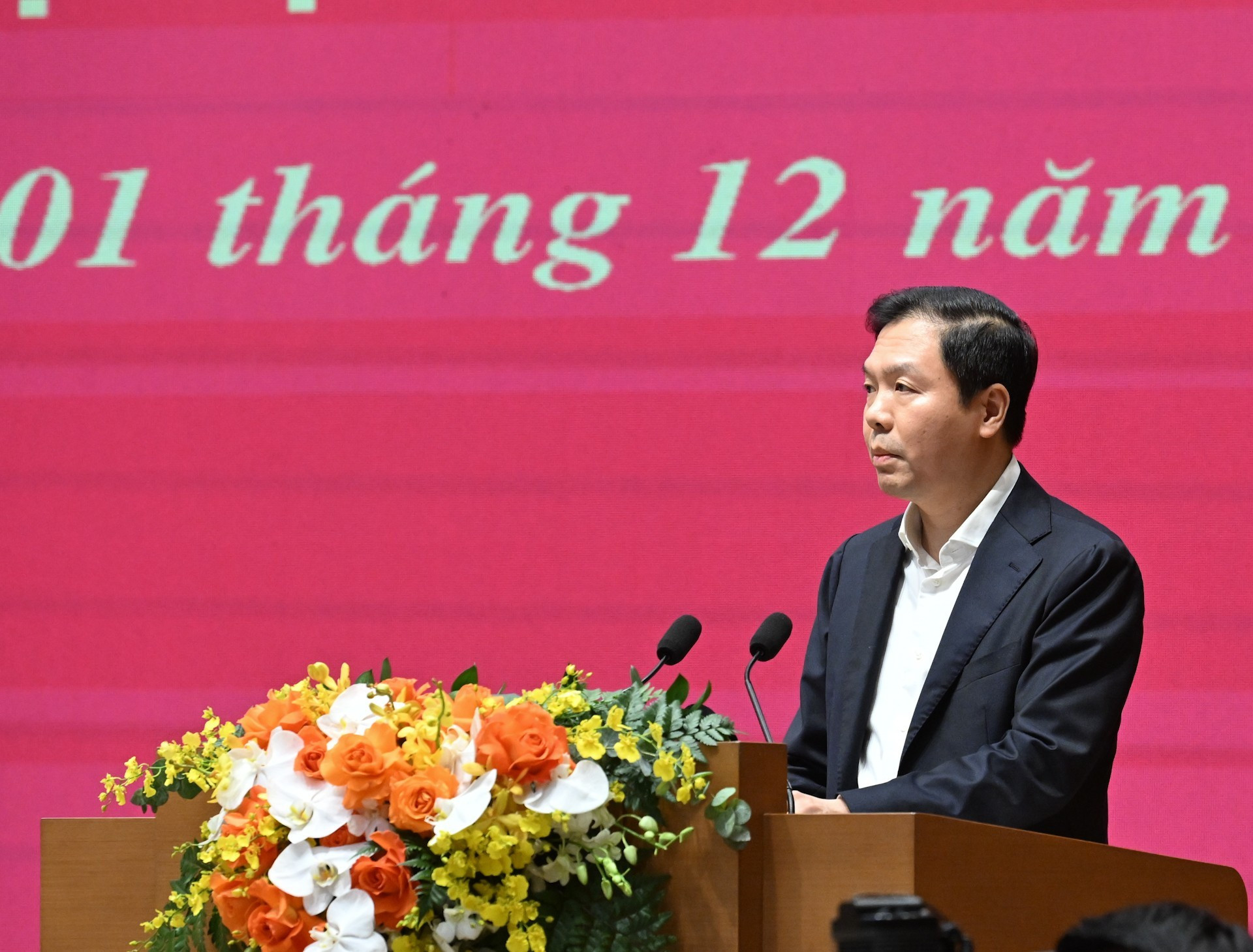 El subjefe de la Oficina Gubernamental Trinh Manh Linh habla en la reunión.