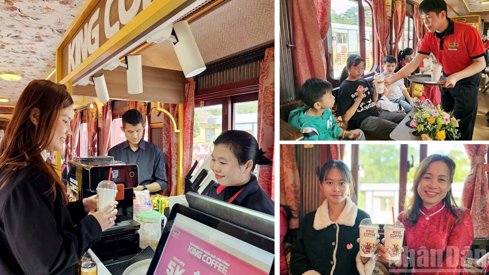 Turistas disfrutan del café vietnamita a bordo del Tren del Café de Da Lat el día de su inauguración.