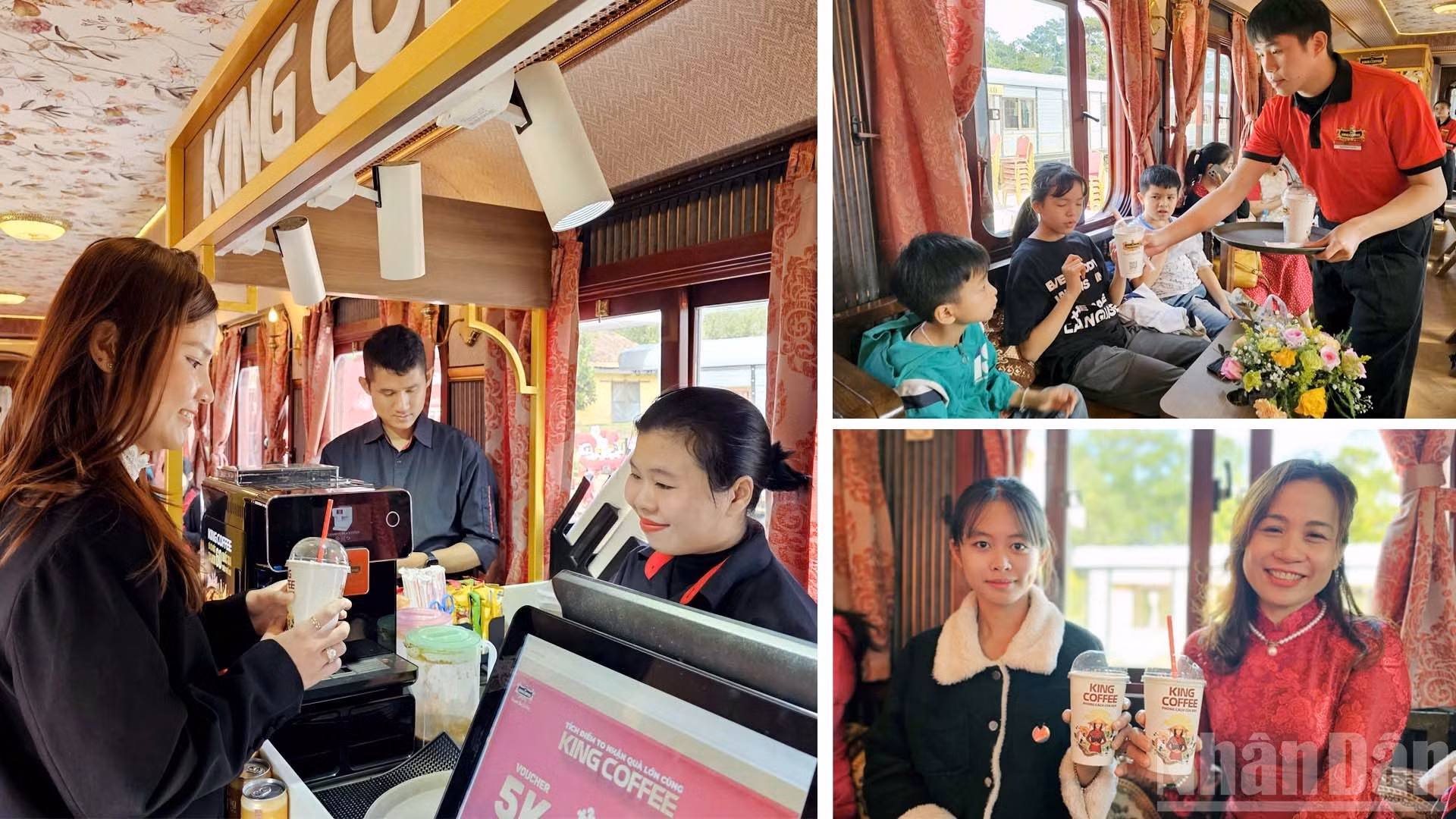Turistas disfrutan del café vietnamita a bordo del Tren del Café de Da Lat el día de su inauguración.