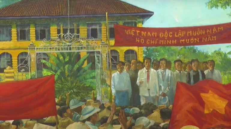 Óleo que recrea el mitin para celebrar la victoria, organizado por el Comité Provincial del Partido y el pueblo de Tan An la tarde del 22 de agosto de 1945 (exhibido en la reliquia de la Casa del Gobernador General Than). Fuente: Portal de información electrónica del Comité del Partido de la provincia de Long An (antigua). Óleo que recrea el mitin para celebrar la victoria, organizado por el Comité Provincial del Partido y el pueblo de Tan An la tarde del 22 de agosto de 1945 (exhibido en la reliquia de la Casa del Gobernador General Than). Fuente: Portal de información electrónica del Comité del Partido de la provincia de Long An (antigua).