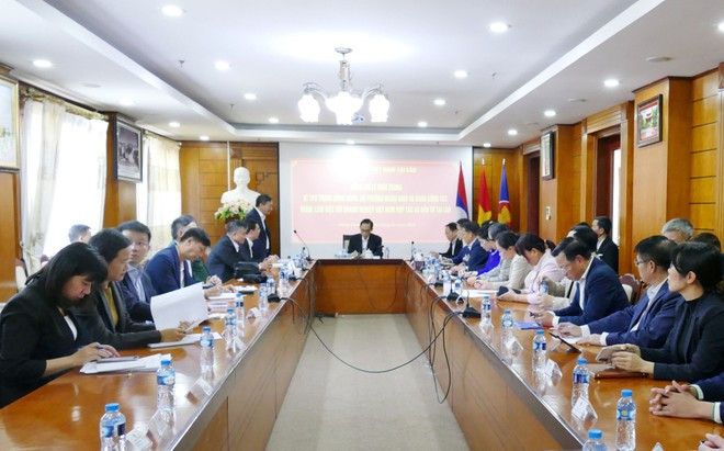 El ministro de Relaciones Exteriores de Vietnam, Le Hoai Trung, se reúne con representantes empresariales connacionales en Laos. (Foto: VNA)