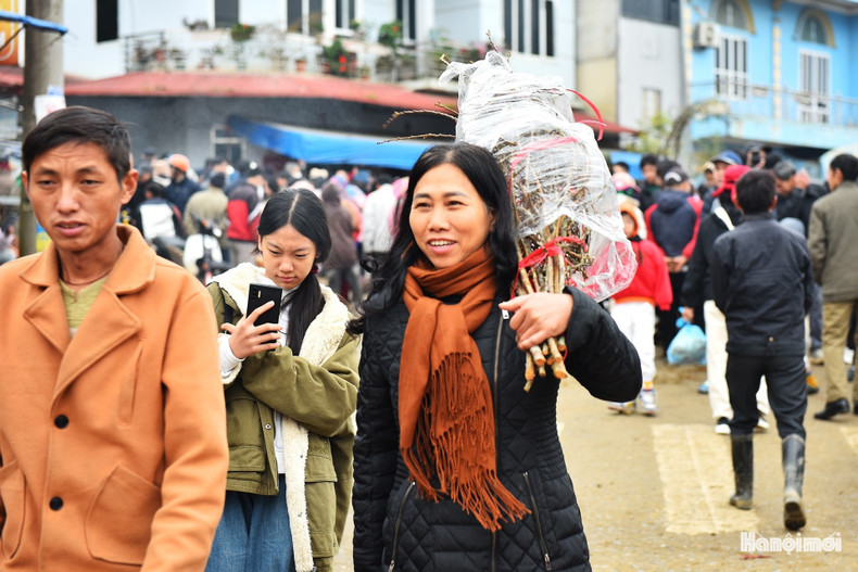 En medio del ambiente animado, los visitantes eligen ramas de melocotonero que han florecido precozmente.