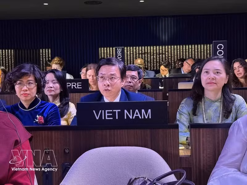 El viceministro de Relaciones Exteriores de Vietnam, Ngo Le Van, quien también es presidente de la Comisión Nacional de Vietnam para la Unesco, interviene en la sesión (Foto: VNA)