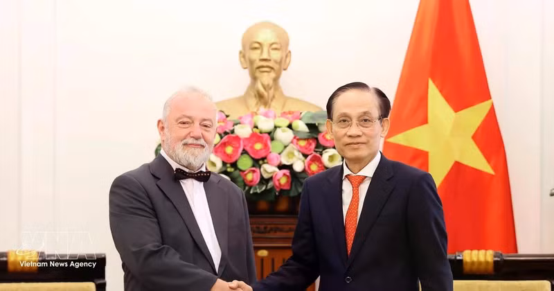 El ministro de Relaciones Exteriores de Vietnam, Le Hoai Trung (derecha), recibe al embajador de la República Checa, Hynek Kmonicek (Foto: VNA)