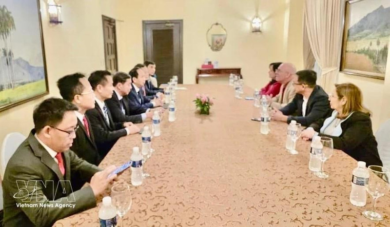 En la sesión de trabajo con el viceministro cubano de Educación Superior, Reynaldo Veláquez Zaldívar (Foto: VNA)