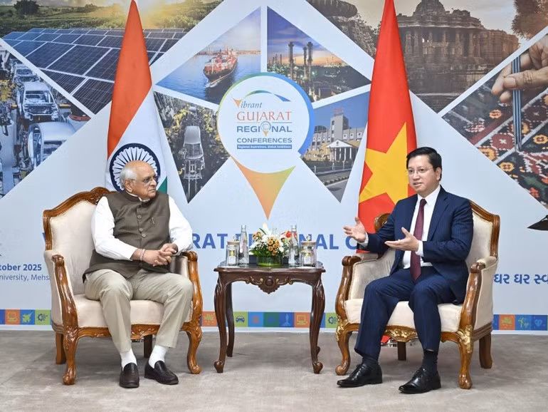 El embajador Nguyen Thanh Hai (a la derecha) dialoga con el gobernador del estado de Gujarat. (Foto: Oficina Comercial de Vietnam en India)
