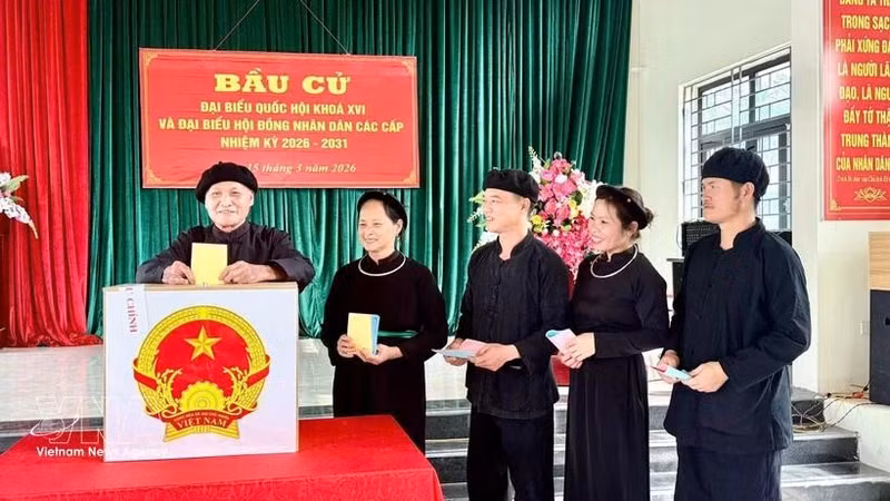 Los votantes de la etnia Tay en la aldea de Na O, en la comuna de An Lac, provincia de Bac Ninh, emitieron sus votos el 15 de marzo. (Foto: VNA)
