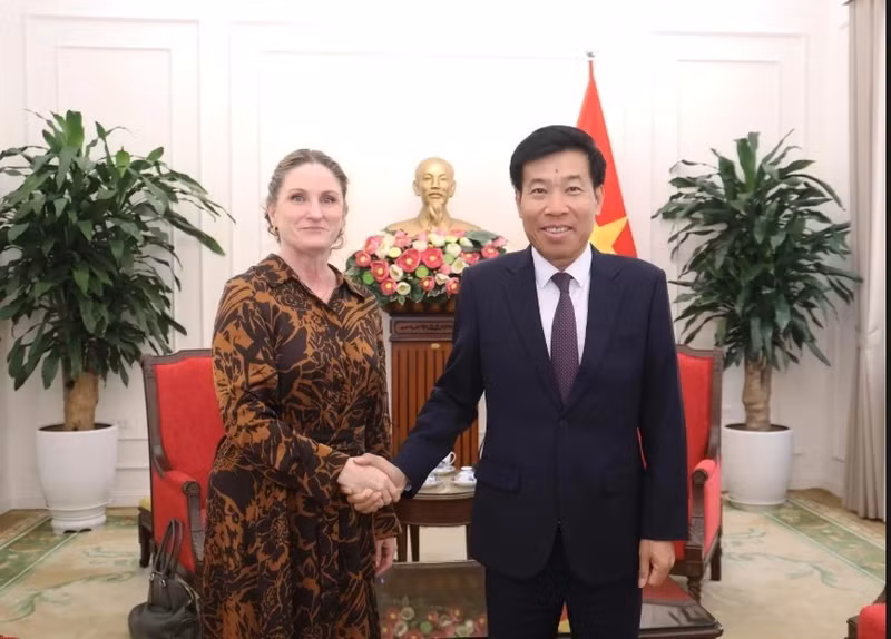El viceministro de Relaciones Exteriores de Vietnam, Nguyen Manh Cuong, recibe a Caroline Beresford, embajadora de Nueva Zelanda en Vietnam. (Fuente: https://baoquocte.vn/)