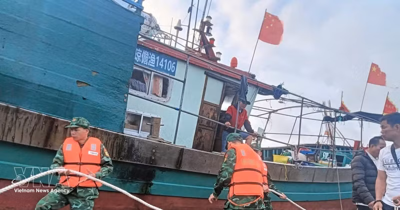 Oficiales y soldados de la Guardia Fronteriza de Hai Phong ayudan a un pesquero chino a asegurar sus amarras mientras esperan condiciones climáticas favorables para ser remolcado al puerto. (Foto: VNA)