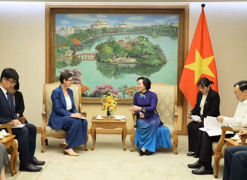 La viceprimera ministra de Vietnam Pham Thi Thanh Tra recibe a la representante de la OMS en Vietnam, Angela Pratt. (Foto: baochinhphu.vn)