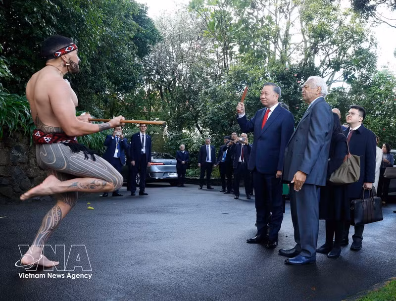 La ceremonia tradicional de bienvenida maorí para el secretario general del Comité Central del Partido Comunista de Vietnam y presidente de la Repúbica, To Lam (Foto: VNA)