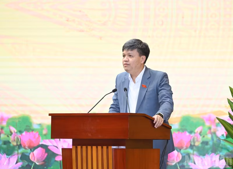 El subjefe de la Comisión de Ciencia, Tecnología y Medio Ambiente Ta Dinh Thi habla en la conferencia.