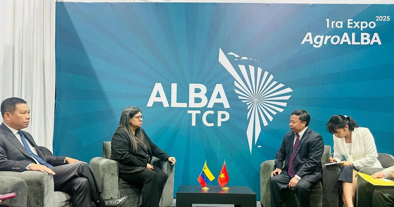 Panorama de la reunión entre la viceministra de Relaciones Exteriores de Venezuela, Tatiana Pugh Moreno, y Nguyen Hong Son, director del Instituto de Ciencias Agrícolas de Vietnam. (Fuente: VNA)