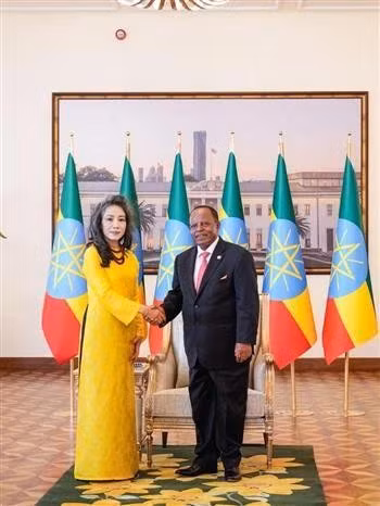 La embajadora de Vietnam en Tanzania, concurrente en Addis Abeba, Vu Thanh Huyen, y el presidente de Etiopía, Taye Atske Selassie. (Fuente: VNA)
