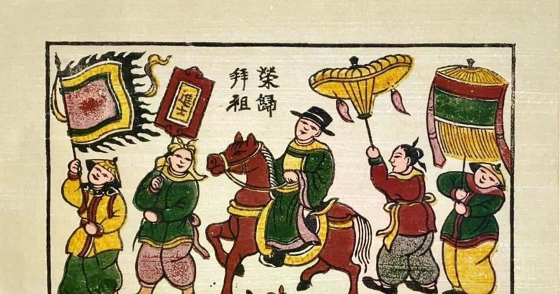 En las pinturas populares de Dong Ho, caballos bellamente decorados llevan a los eruditos exitosos a sus hogares.