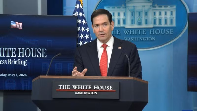 El secretario de Estado de Estados Unidos, Marco Rubio, en una rueda de prensa en la Casa Blanca, en Washington D. C., el 5 de mayo de 2026. (Foto: Li Yuanqing/Xinhua)