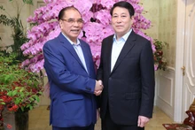 El presidente vietnamita, Luong Cuong, visita al exsecretario general del Partido, Nong Duc Manh. (Foto: VNA)