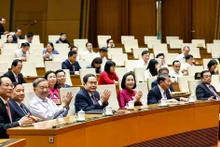 El secretario general del Partido Comunista de Vietnam, To Lam (tercero, izquierda, primera fila); el presidente de la Asamblea Nacional, Tran Thanh Man (cuarto, izquierda, primera fila) y diputados de la AN asisten a la ceremonia. (Foto: VNA)