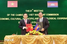 El miembro del Comité Central del Partido Comunista de Vietnam (PCV) y ministro de Relaciones Exteriores, Le Hoai Trung, y el miembro del Comité Permanente del Partido Popular de Camboya (PPC), viceprimer ministro y titular de Asuntos Exteriores y Cooperación Internacional, Prak Sokhonn. (Foto: VNA)